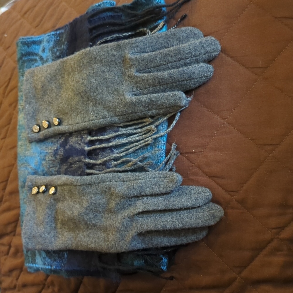 Sold as a set. Ralph Lauren Gray gloves and  Cejon Blue Ombre Paisley Scarf - Picture 6 of 8
